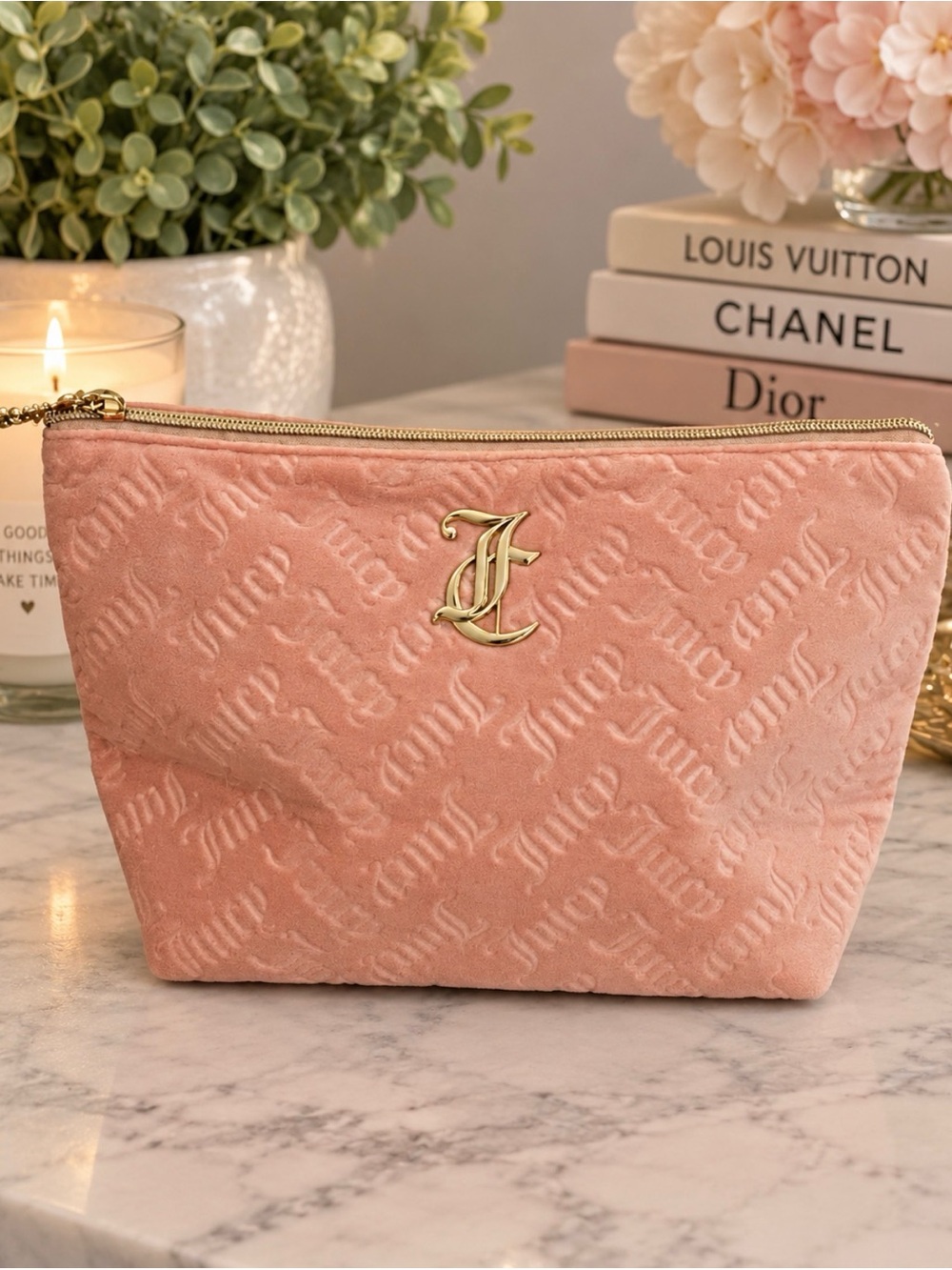 Juicy couture peach/pink velour, large makeup cosmetic bag